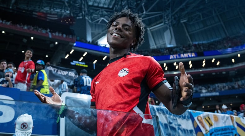 American influencer IShowSpeed attends the FIFA World Cup round of 16 match between Argentina and Egypt at Atlanta Stadium on Tuesday, July 7, 2026. IShowSpeed has more than 50 million YouTube subscribers, 45 million Instagram followers and 47 million TikTok followers. (Sebastian Frej/Getty Images)