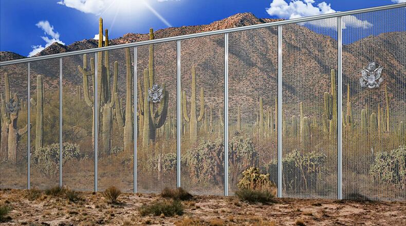 This artistic rendering provided by the Fort Worth contracting company Penna Group shows a proposed wall along the United States' southern border with Mexico. (Penna Group via AP)