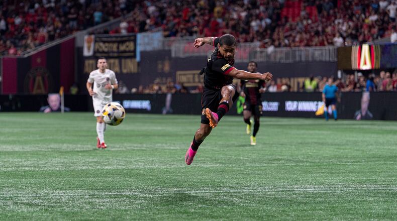 Atlanta United forward Josef Martinez (7) makes an attempt on goal during the match against Inter Miami Wednesday, Sept. 29, 2021, at Mercedes-Benz Stadium in Atlanta. (Dakota Williams/Atlanta United)