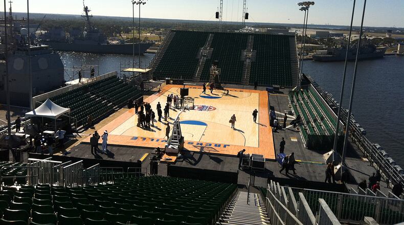 A view of the basketball court Thursday afternoon aboard the U.S.S. Bataan, which is docked just east of Jacksonville. Florida and Georgetown will open the college basketball season with a game on the ship Friday night.