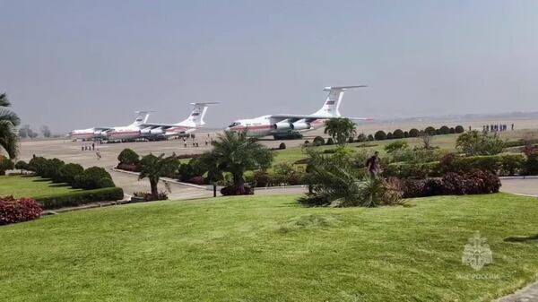 In this photo taken from video released by Russian Emergency Ministry Press Service on Sunday, March 30, 2025, Russian Emergency Ministry planes are parked in Myanmar airport, as they arrive to help the country following Friday's earthquake, in Mandalay, Myanmar. (Russia Emergency Ministry press service via AP)