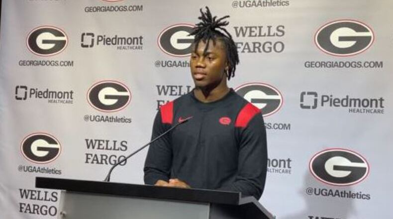 Georgia defensive back Javon Bullard answers questions during a news conference earlier this season. The four-game starter was arrested early Sunday. (Chip Towers/AJC)