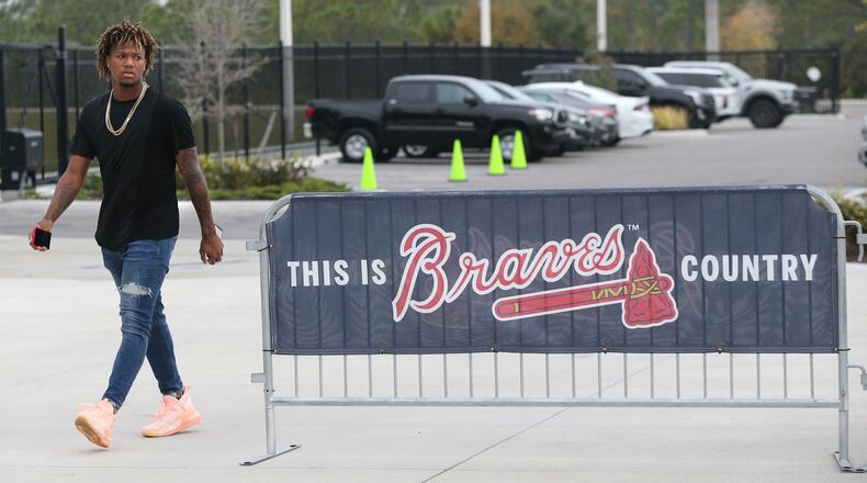 Braves outfielder Ronald Acuna arrives Wednesday, Feb. 12, 2020, to the team's new spring training facility in North Port, Fla. After two decades in Lake Buena Vista, Fla., the Braves will hold spring games in South Florida.
