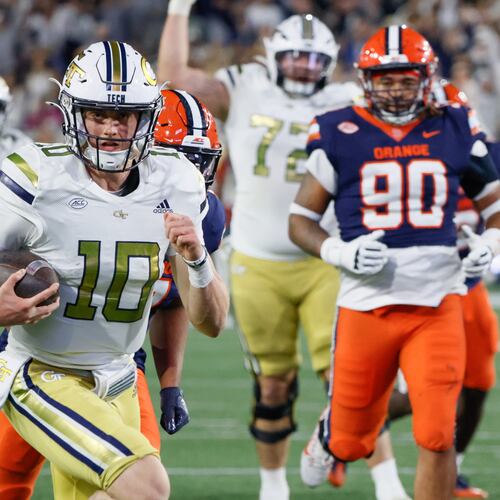 Georgia Tech quarterback Haynes King — pictured against Syracuse in 2023 — threw for one touchdown and ran for two more in the Yellow Jackets' 31-28 loss at Syracuse in September 2024. (Bob Andres/AJC 2023)