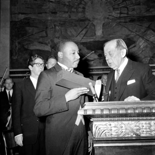 In 1964, King received the Nobel Peace Prize from the hands of Gunnar Jahn, Chairman of the Nobel Committee, in Oslo, Norway. At the time, he was the youngest man ever to receive the prize. (AP file photo)