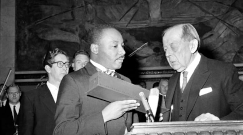 In 1964, King received the Nobel Peace Prize from the hands of Gunnar Jahn, Chairman of the Nobel Committee, in Oslo, Norway. At the time, he was the youngest man ever to receive the prize. (AP file photo)