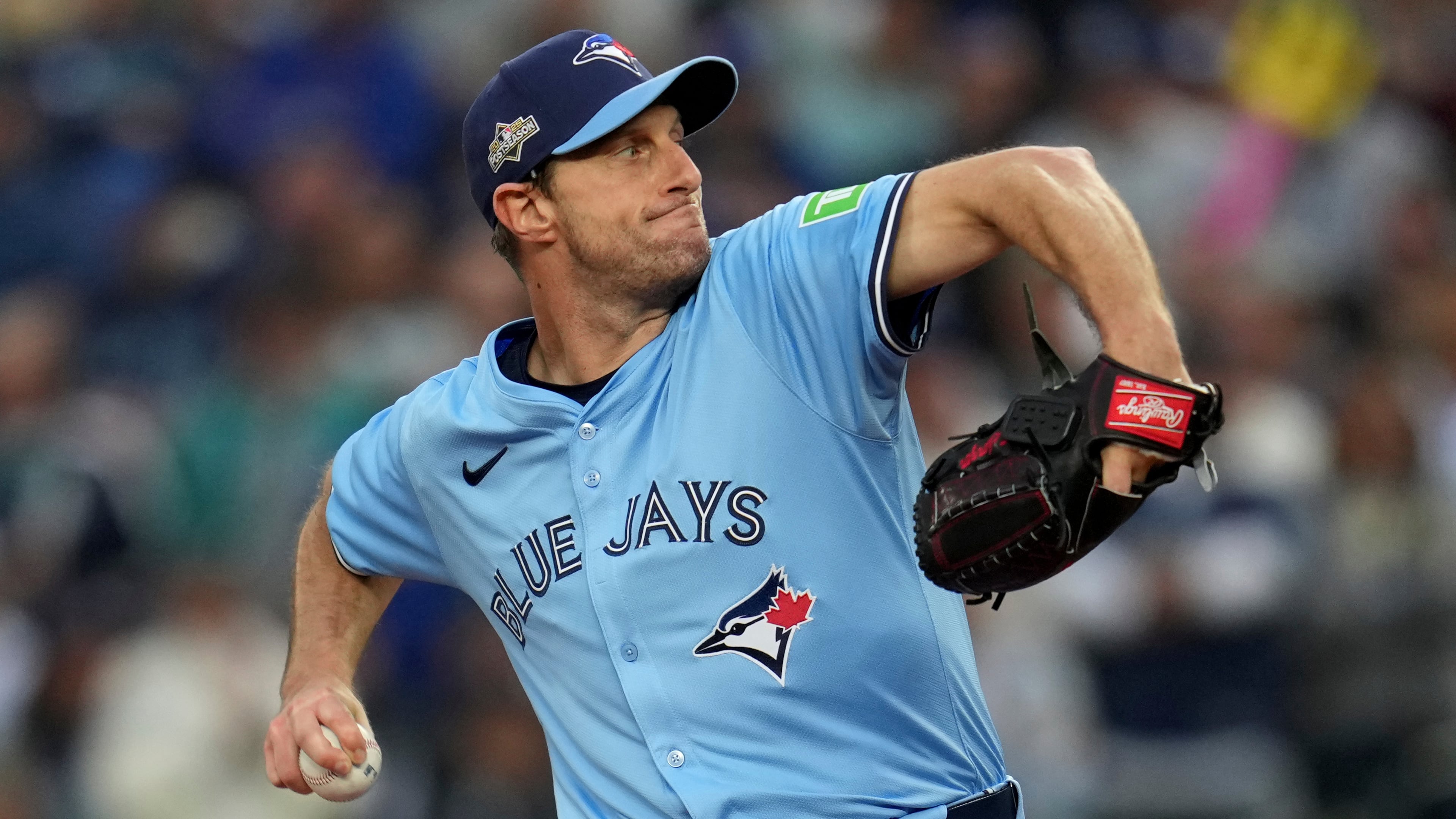 Toronto Blue Jays pitcher Max Scherzer throws against the Seattle Mariners during the first inning in Game 4 of baseball's American League Championship Series, Thursday, Oct. 16, 2025, in Seattle. (AP Photo/Abbie Parr)