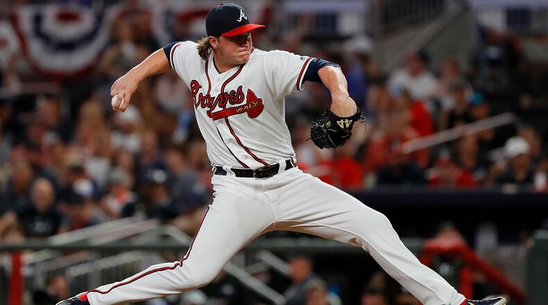 Jacob Webb of the Braves pitches at SunTrust Park on July 3, 2019 in Atlanta. (Photo by Kevin C. Cox/Getty Images)