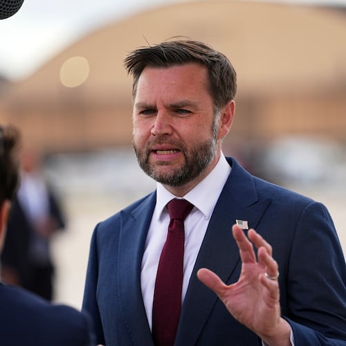 Vice President JD Vance speaks with reporters upon arriving on Air Force Two at Joint Base Andrews, Md., Thursday, May 28, 2026. (AP Photo/Matt Rourke, Pool)