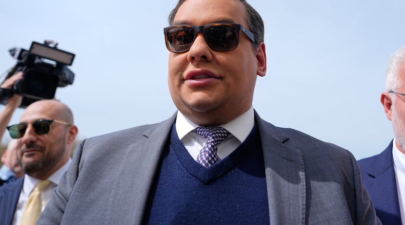 FILE - Former Rep. George Santos arrives at federal court for sentencing, April 25, 2025, in Central Islip, N.Y. (AP Photo/Julia Demaree Nikhinson, File)