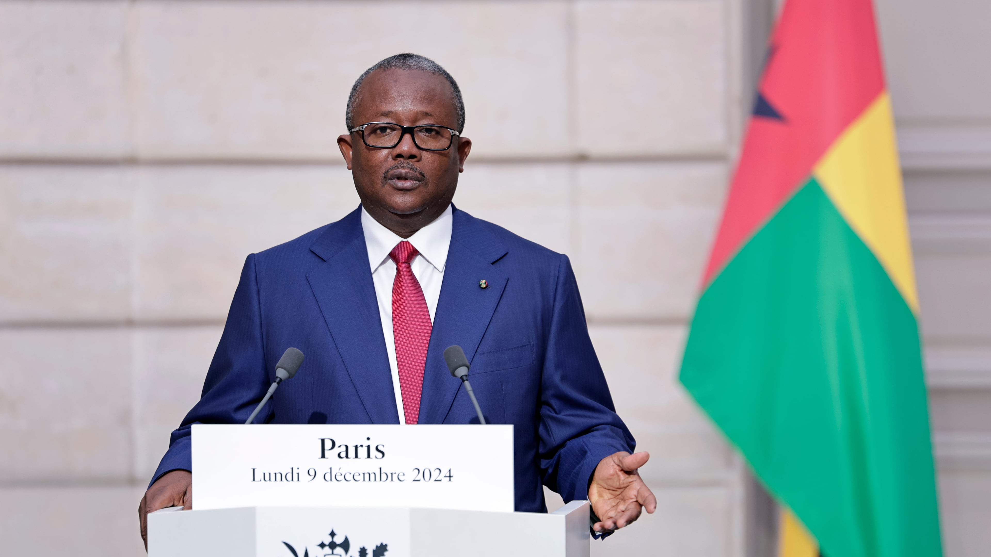 FILE - Guinea-Bissau's President Umaro Sissoco Embalo speaks during a joint press conference with French president at the Elysee Presidential Palace in Paris Monday Dec. 9, 2024. (Stephane de Sakutin, Pool via AP, File)