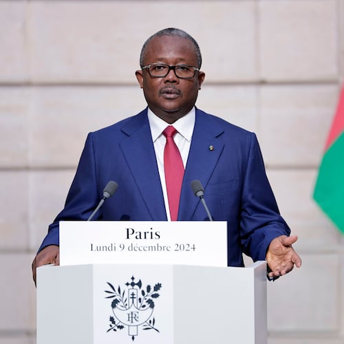 FILE - Guinea-Bissau's President Umaro Sissoco Embalo speaks during a joint press conference with French president at the Elysee Presidential Palace in Paris Monday Dec. 9, 2024. (Stephane de Sakutin, Pool via AP, File)