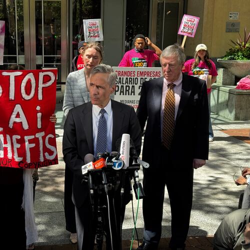 Bill Savitt, an attorney for OpenAI, speaks to the media after a jury ruled in the company's favor in a a federal trial in Oakland, Calif. on Monday, May 18, 2026. (AP Photo/Terry Chea)