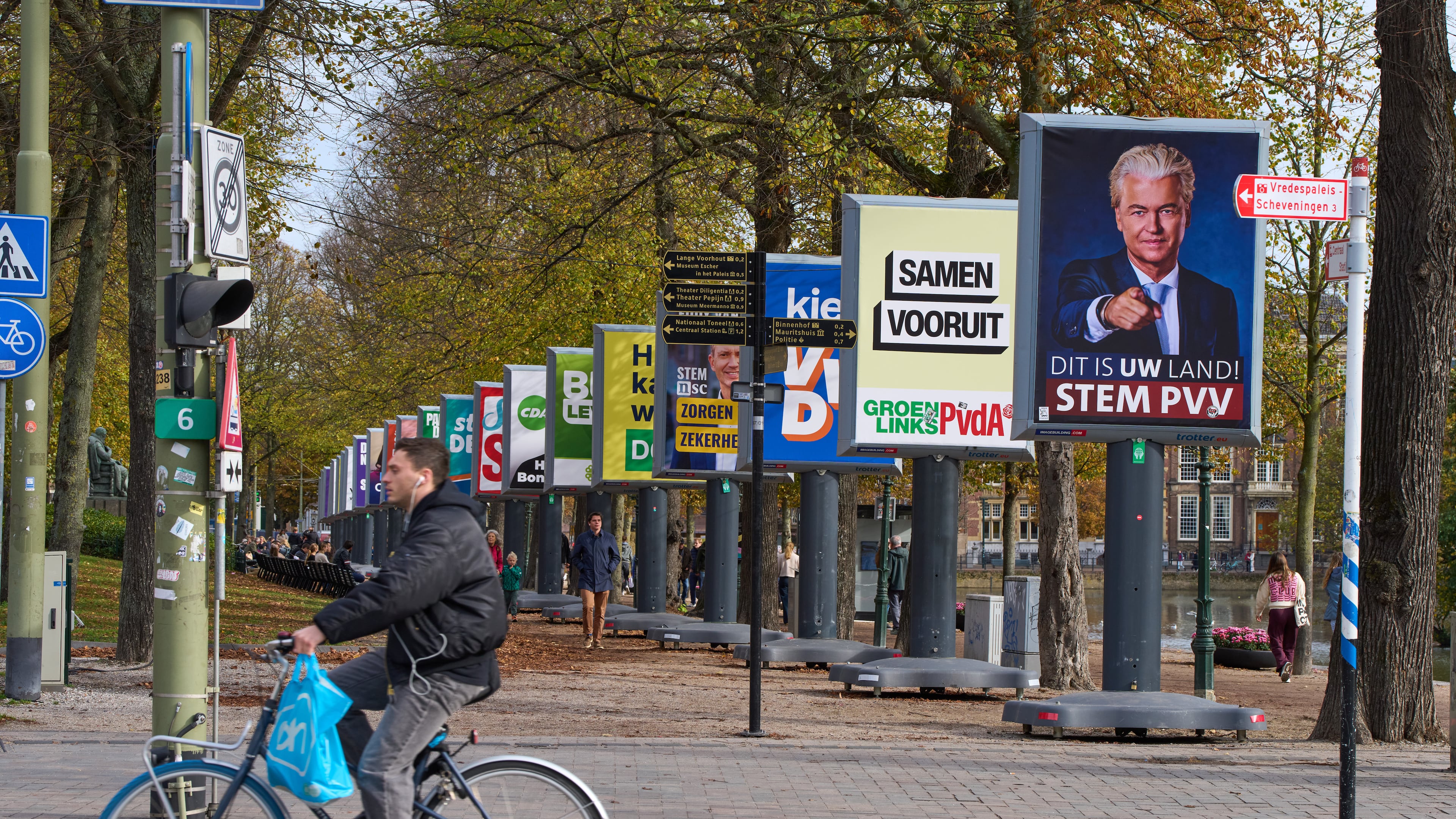 Election billboards of 26 of the 27 political parties participating in the Oct. 29 general elections are lined up in The Hague, Netherlands, Wednesday, Oct. 22, 2025. (AP Photo/Peter Dejong)