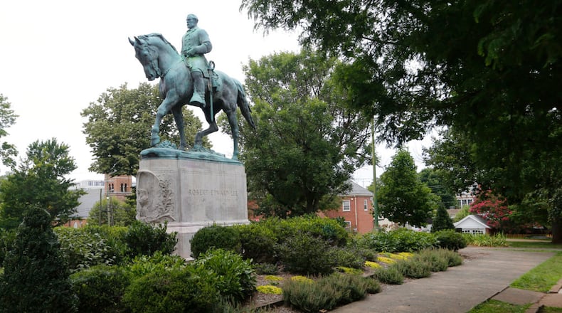The statue of Confederate General Robert E. Lee still stands in Lee park in Charlottesville, Va., Monday, Aug. 14, 2017. Confederate monuments appear across the U.S., not only in the South.