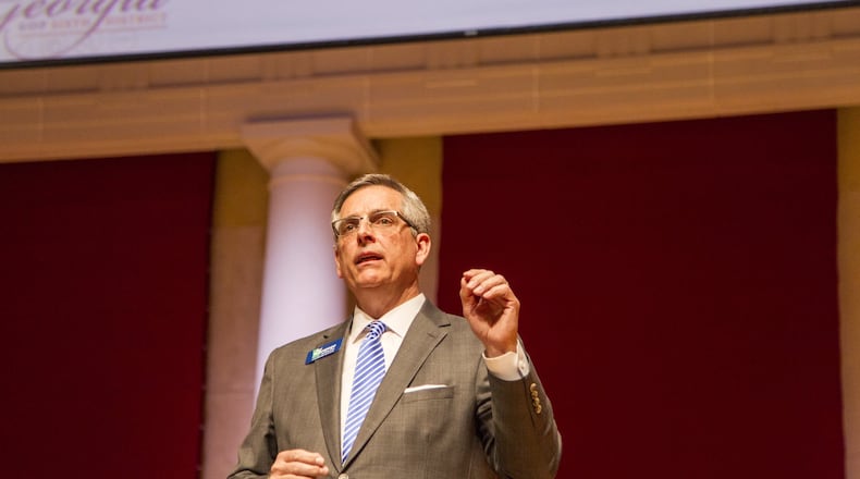 State Rep. Brad Raffensperger speaks in April during a Georgia secretary of state debate at Lassiter High School in Marietta. (REANN HUBER/REANN.HUBER@AJC.COM)