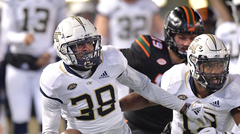 November 10, 2018 Atlanta - Georgia Tech defensive back Ajani Kerr (38) runs after he picked up a fumble in the first half at Bobby Dodd Stadium on Saturday, November 10, 2018. HYOSUB SHIN / HSHIN@AJC.COM