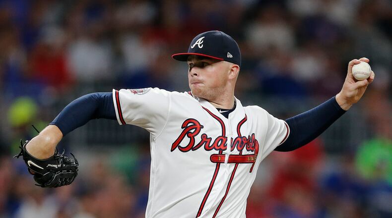 Atlanta Braves starting pitcher Sean Newcomb (51) works in there first inning of a baseball game against the Chicago Cubs Tuesday, July 18, 2017, in Atlanta. (AP Photo/John Bazemore)