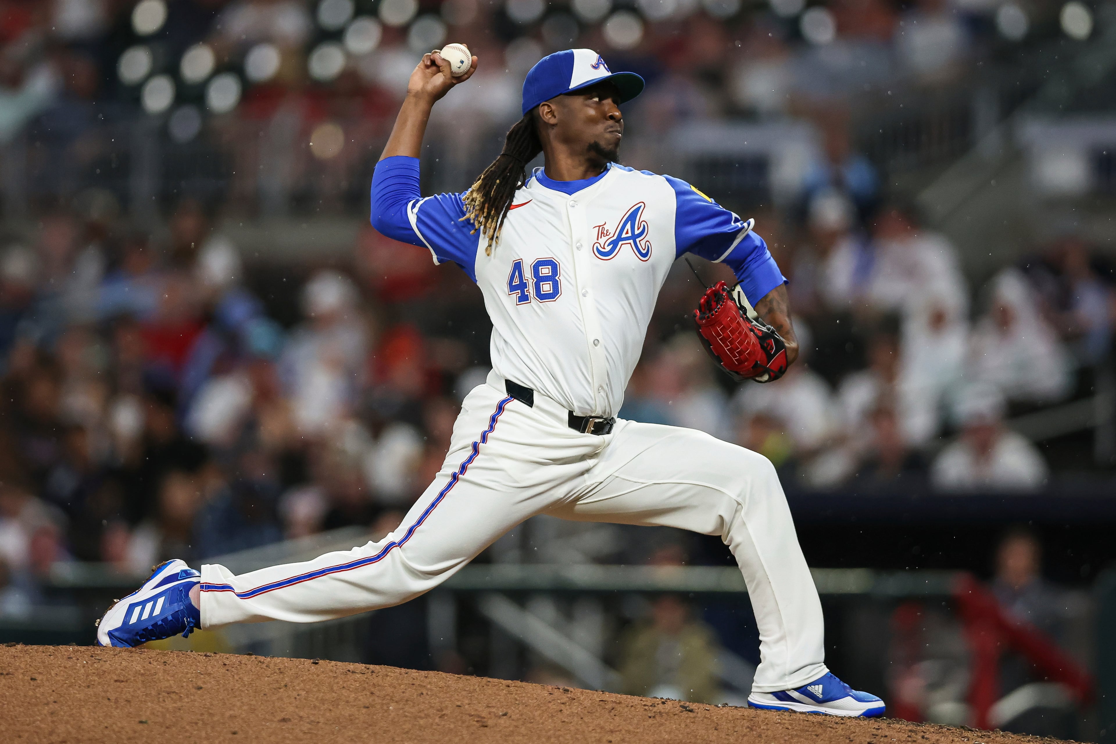 Atlanta Braves pitcher Rafael Montero (48) delivers in the ninth inning of a baseball game against the Philadelphia Phillies, Saturday, June 28, 2025, in Atlanta. (AP Photo/Colin Hubbard)
