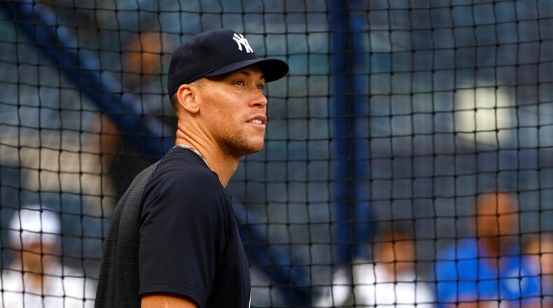 Aaron Judge practices batting before a baseball game against the Colorado Rockies, Tuesday, Sept. 8, 2026, in New York. (AP Photo/Noah K. Murray)
