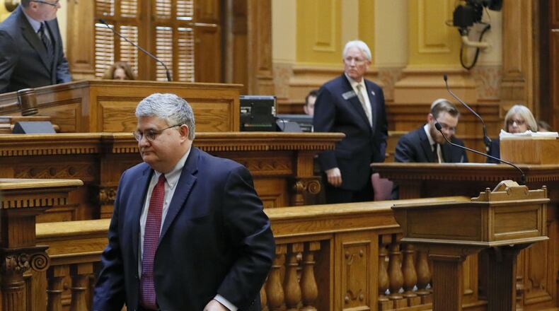 State Sen. David Shafer, R-Duluth, leaves after giving a speech to fellow senators about his own adoption experience. BOB ANDRES /BANDRES@AJC.COM
