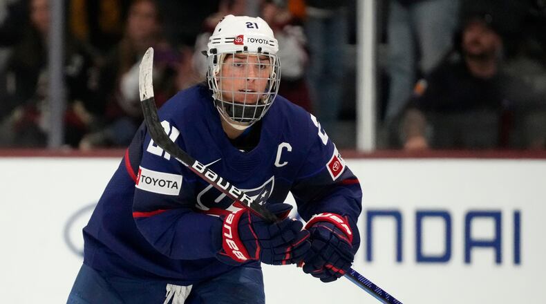 FILE - United States forward Hilary Knight skates to the bench to celebrate her goal against Canada during the first period of a rivalry series women's hockey game, Nov. 8, 2023, in Tempe, Ariz. (AP Photo/Ross D. Franklin, File)