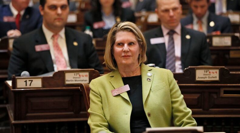 1/17/19 - Atlanta - Speaker Pro-Tempore Jan Jones waits for the governor to enter the house chamber. Gov. Brian Kemp delivered his first state of the state address. Kemp released his first budget, which is expected to include a $5,000 pay raise for teachers Bob Andres / bandres@ajc.com
