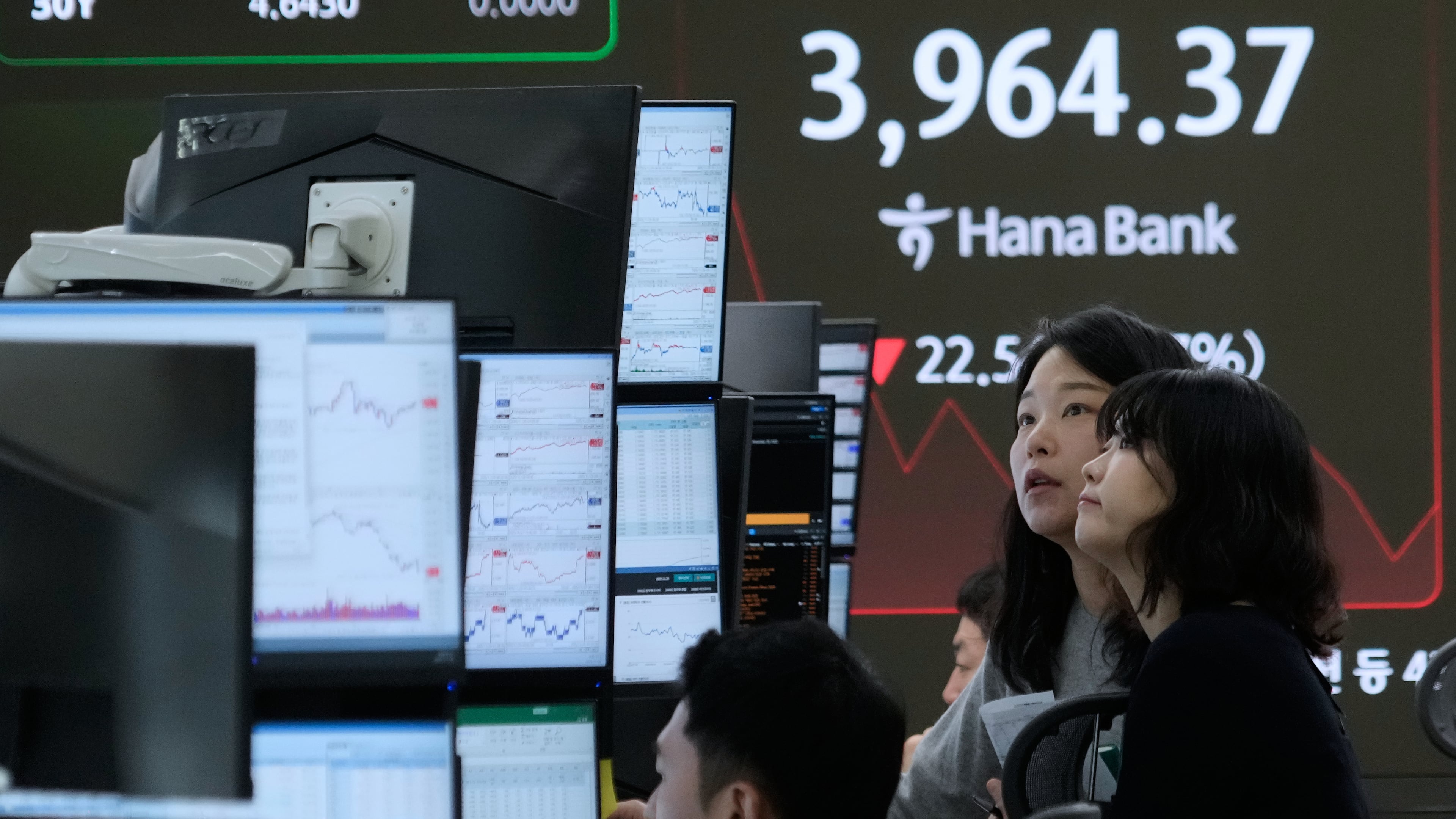 Currency traders watch monitors near a screen showing the Korea Composite Stock Price Index (KOSPI) at the foreign exchange dealing room of the Hana Bank headquarters in Seoul, South Korea, Friday, Nov. 28, 2025. (AP Photo/Ahn Young-joon)
