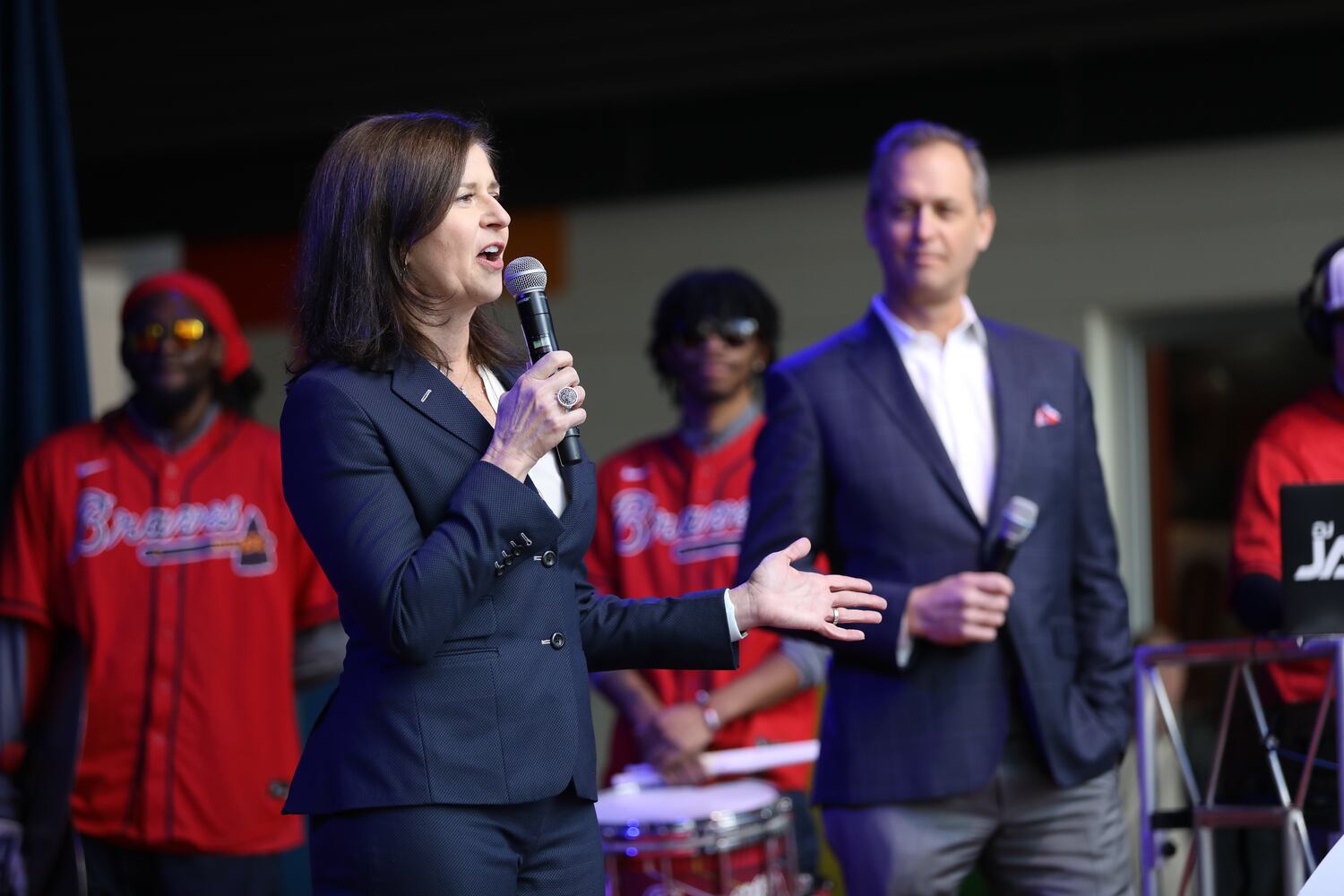 Jenna Kelly, Regional President, Georgia Region Truist Financial Corporation, addressed the fans on hand.  Miguel Martinez for The Atlanta Journal-Constitution 