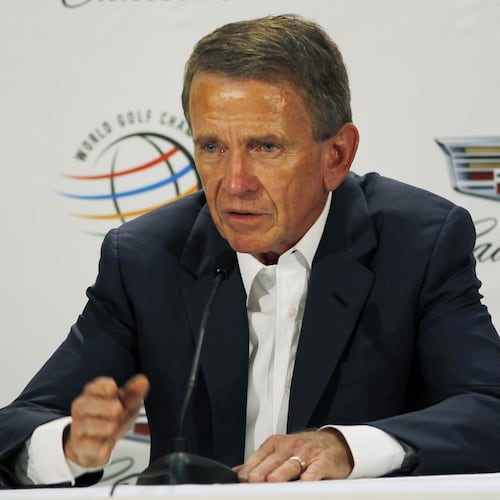 FILE - Tim Finchem, commissioner of the PGA Tour, speaks about the future of golf at the Trump National Doral golf course, March 6, 2016, in Doral, Fla. (AP Photo/Marta Lavandier, File)