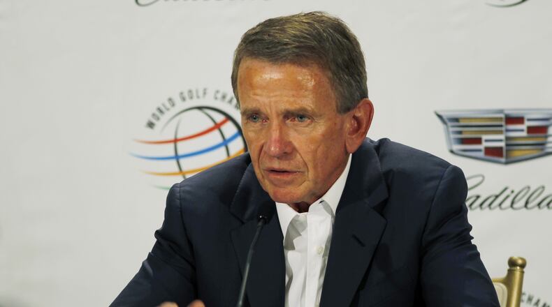 FILE - Tim Finchem, commissioner of the PGA Tour, speaks about the future of golf at the Trump National Doral golf course, March 6, 2016, in Doral, Fla. (AP Photo/Marta Lavandier, File)