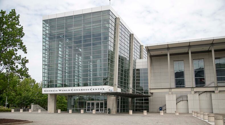 The exterior of the Georgia World Congress Center in Atlanta, Tuesday, April 7, 2020. (ALYSSA POINTER / ALYSSA.POINTER@AJC.COM)