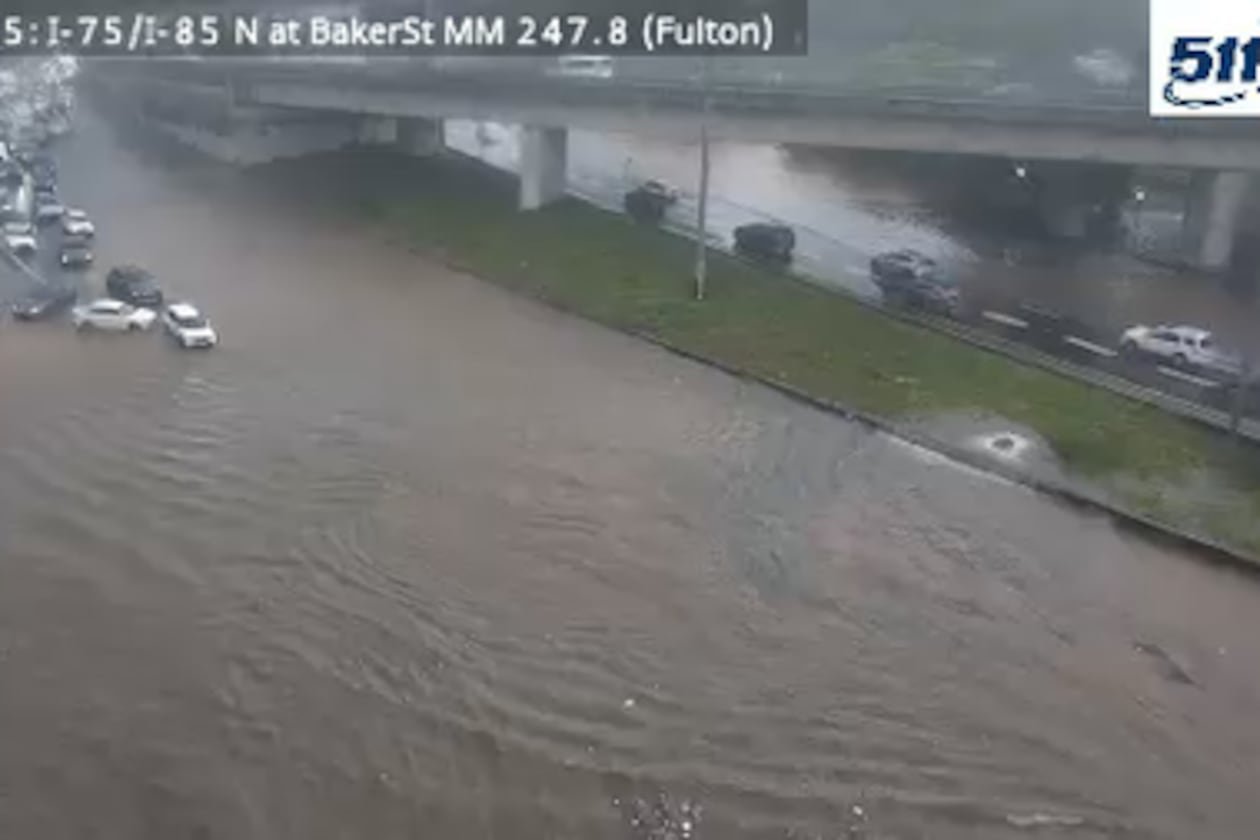 A Georgia DOT camera shows flash flooding on the Downtown Connector in Atlanta after heavy rain hit the city during rush hour on Wednesday, May 20, 2026. (Courtesy of GDOT)