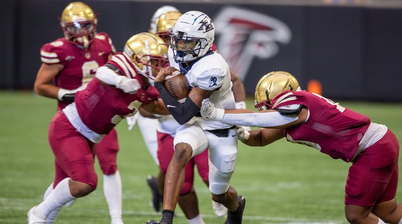Norcross High School CB AJ Watkins runs upfield against Brookwood High School during the Corky Kell Classic at the Mercedes Bens Stadium Saturday, August 20, 2022. Steve Schaefer/steve.schaefer@ajc.com)
