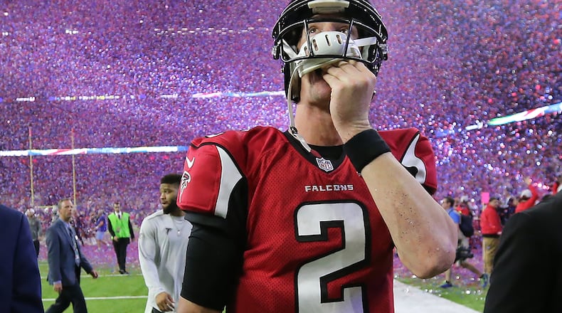 Falcons quarterback Matt Ryan walks off the field at the end of Super Bowl LI.