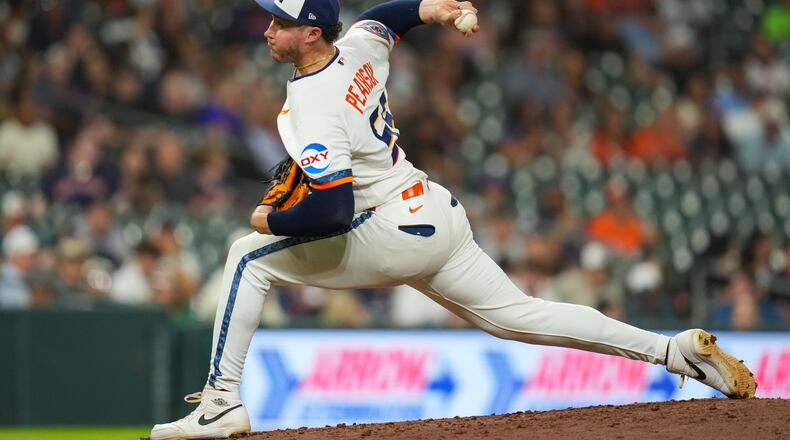 Houston Astros pitcher Nate Pearson delivers during the seventh inning of a baseball game against the Minnesota Twins in Houston, Monday, June 29, 2026. (AP Photo/Jon Shapley)