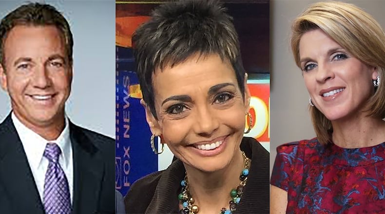 Holly Morris (right), a Fox 5 anchor in D.C., in a podcast spilled the beans about her then husband Tom Sater (left) (now at CNNI in Atlanta) cheating on her with her co-anchor at the time Gurvir Dhindsa (center). CREDIT: publicity photos