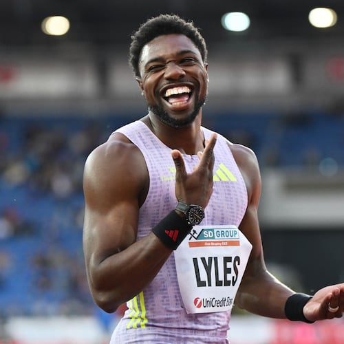 Noah Lyles of United States celebrates after winning the men's 150 meters event at the Golden Spike athletics meeting in Ostrava, Czech Republic, Tuesday, June 16, 2026. (AP Photo/Lukas Kabon)