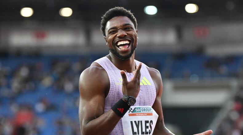 Noah Lyles of United States celebrates after winning the men's 150 meters event at the Golden Spike athletics meeting in Ostrava, Czech Republic, Tuesday, June 16, 2026. (AP Photo/Lukas Kabon)