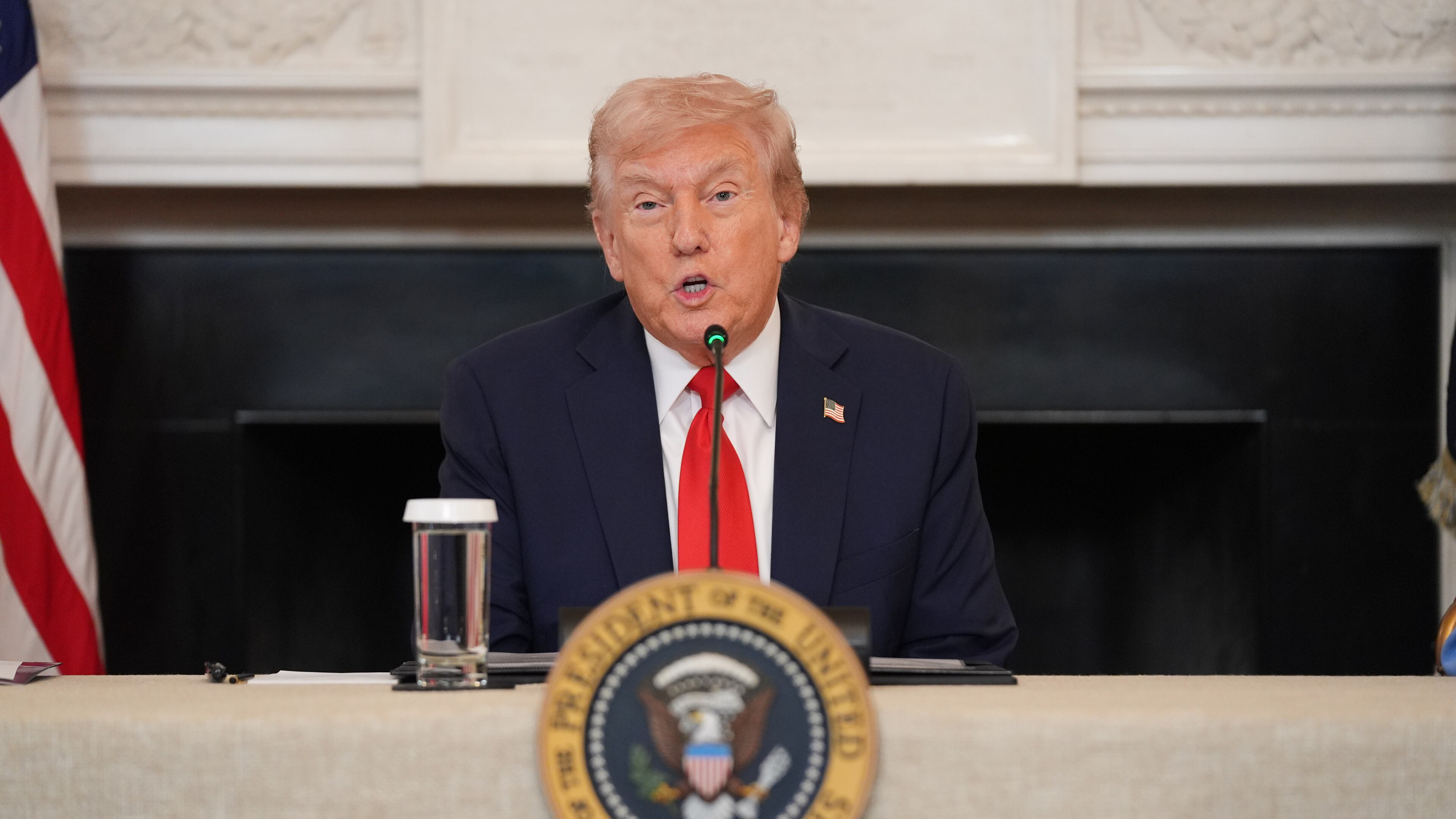 President Donald Trump speaks during a roundtable meeting on antifa in the State Dining Room at the White House, Wednesday, Oct. 8, 2025, in Washington. (AP Photo/Evan Vucci)