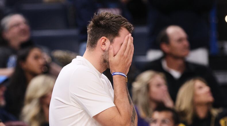 Los Angeles Lakers' Luka Doncic reacts to an officials call in the second half of Game 2 in a second-round NBA basketball playoffs series against the Oklahoma City Thunder Thursday, May 7, 2026, in Oklahoma City. (AP Photo/Nate Billings)