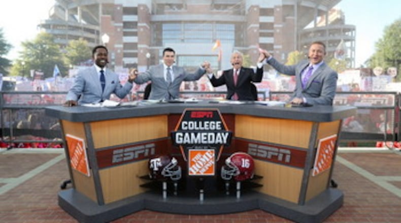 On the set of College GameDay last season (l-r): Desmond Howard, Rece Davis, Lee Corso and Kirk Herbstreit. (Photo by Allen Kee / ESPN Images)
