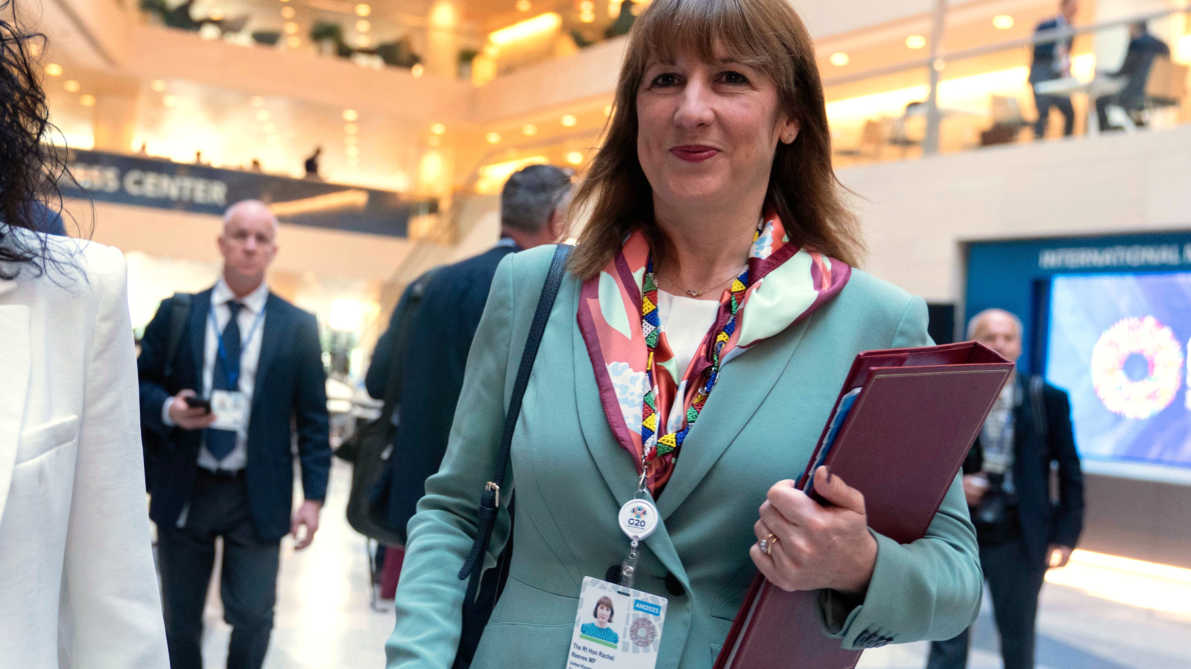 Britain's Chancellor of the Exchequer Rachel Reeves walks to the G20 meeting during the World Bank/IMF Annual Meetings at the International Monetary Fund (IMF) headquarters in Washington, Thursday, Oct. 16, 2025. (AP Photo/Jose Luis Magana)