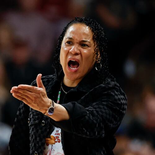 South Carolina head coach Dawn Staley argues a call during the second half of an NCAA college basketball game against Missouri in Columbia, S.C., Thursday, Feb. 26, 2026. (AP Photo/Nell Redmond)