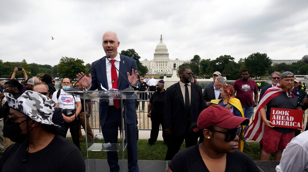 A staffer for former President Donald Trump, Matt Braynard, speaks during the Justice for J6 rally in support of defendants being prosecuted in the January 6 attack on Capitol Hill in Washington, D.C., on Saturday, Sept. 18, 2021. (Yuri Gripas/Abaca Press/TNS)
