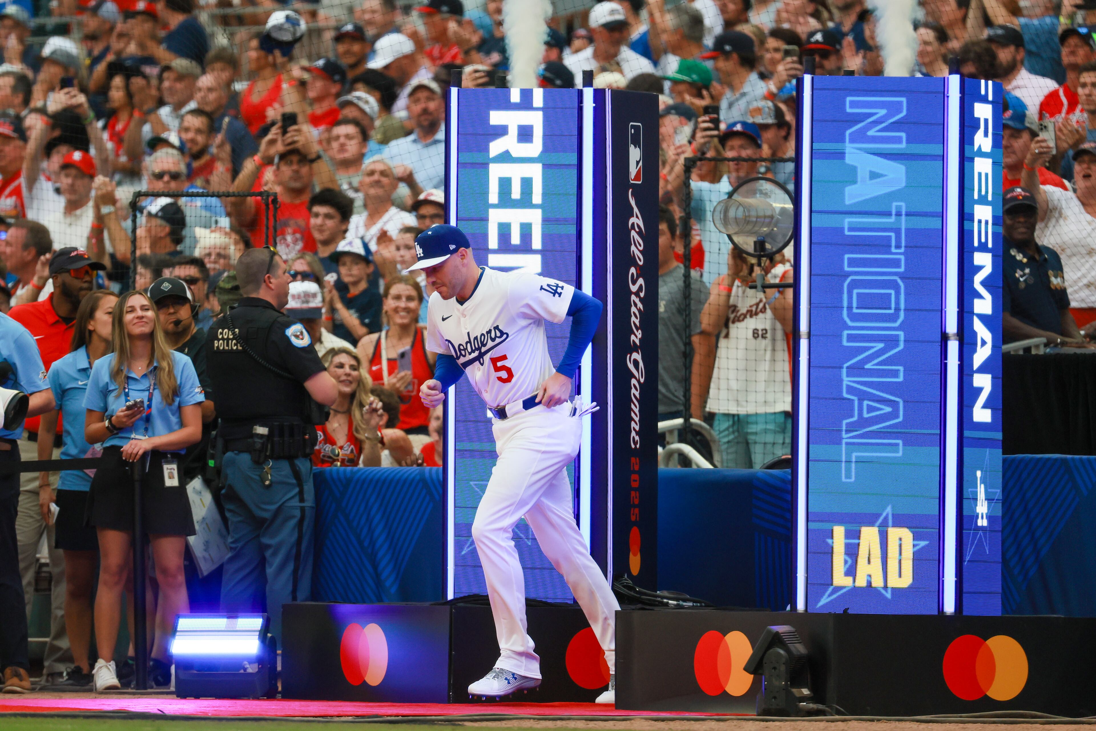 Former Atlanta Braves player Freddie Freeman of the Los Angeles Dodgers is introduced for the MLB All-Star Game at Truist Park in Atlanta on Tuesday, July 15, 2025. (Jason Getz/AJC)