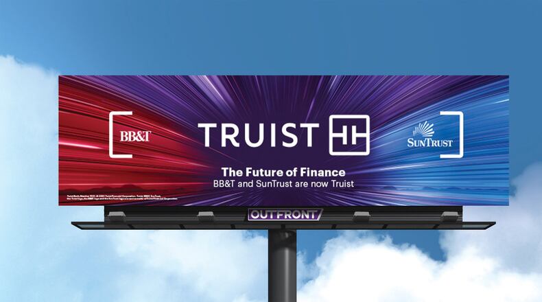 Truist unveiled its new logo Monday. The merged bank said, “Truist Purple, the defining color of the new brand, is the combination of heritage BB&T burgundy and SunTrust blue.” The two “T”s in the logo are said to represent Touch + Technology. (Photo provided by Truist)