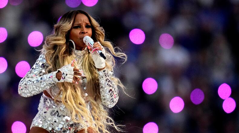 Mary J. Blige performs during the Super Bowl LVI halftime show at SoFi Stadium on Feb. 13, 2022, in Inglewood, California. Blige will perform at the 65th Annual Grammy Awards on Sunday. (Keith Birmingham/Pasadena Star-News/SCNG/TNS)