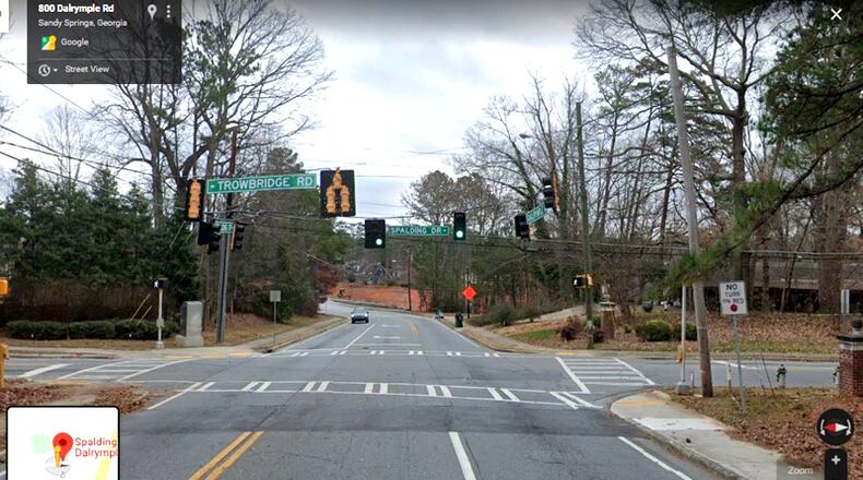 New turn lanes and provisions for bicyclists and pedestrians will be added to the intersection of Spalding Drive and Dalrymple and Trowbridge roads in Sandy Springs. GOOGLE MAPS