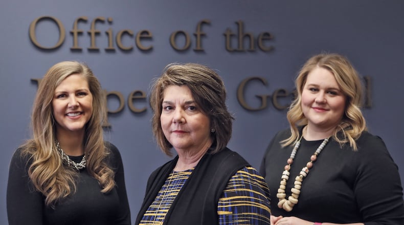 Deputy Inspector General Jenna Wiese (from left), State Inspector General Deborah Wallace, and General Counsel Bethany Whetzel at the Inspector General’s Office are the primary personnel reviewing sexual harassment reports under Kemp’s new policy. Gov. Brian Kemp is recommending five new staff members to handle a surge in complaints. BOB ANDRES / BANDRES@AJC.COM